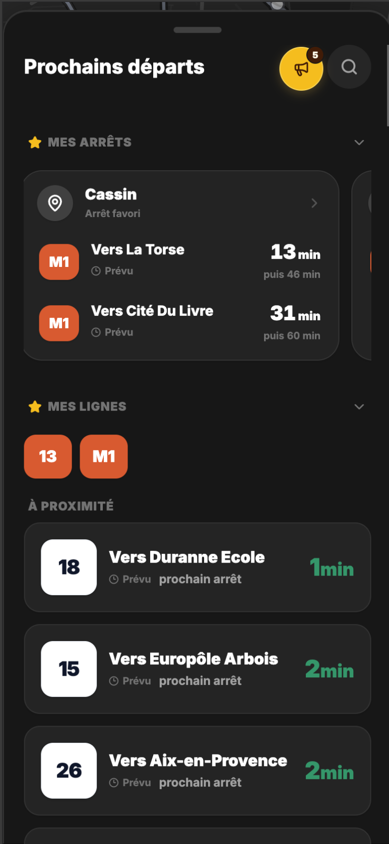 Liste des arrêts favoris, des lignes et des prochains départs