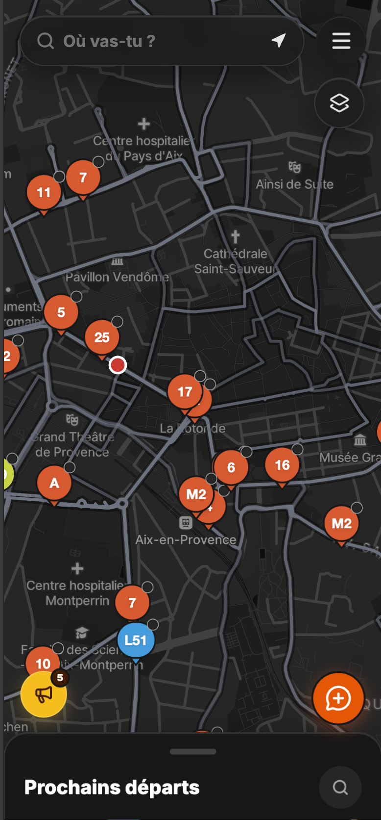 Carte Débusk affichant les bus autour de l’utilisateur