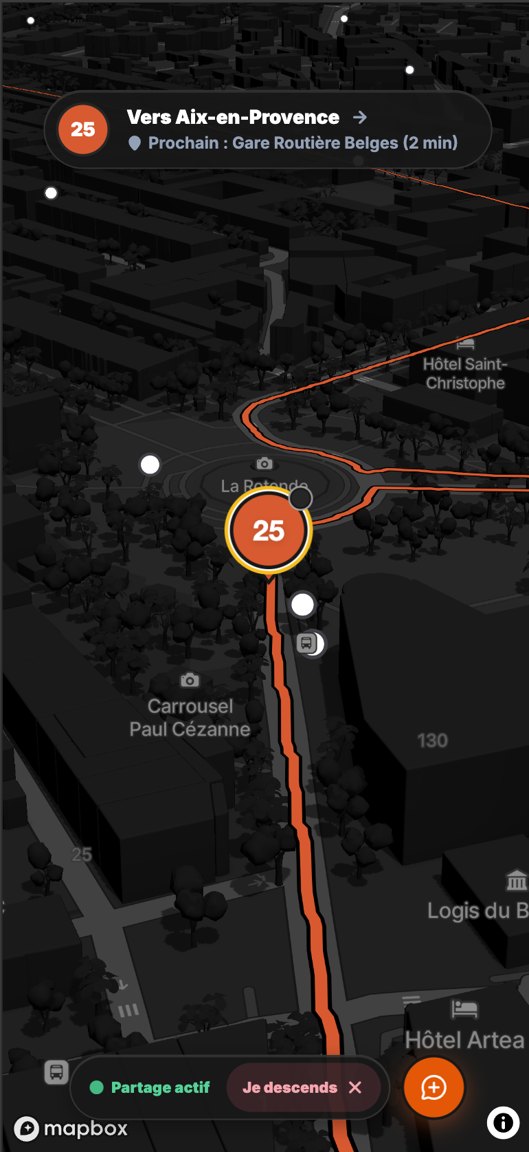 Mode conduite suivant un bus de la ligne 25 sur la carte